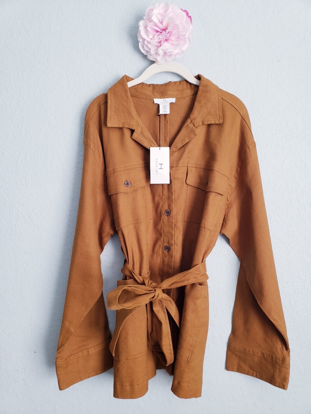 H Halston Cognac Linen Blend Belted Utility Shirt Jacket Shacket